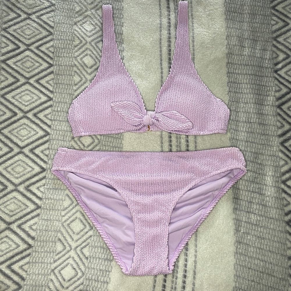 Lively Ruched Plunge Bralette & High Waist Swimsuit Bikini Lilac Size M NWOT
